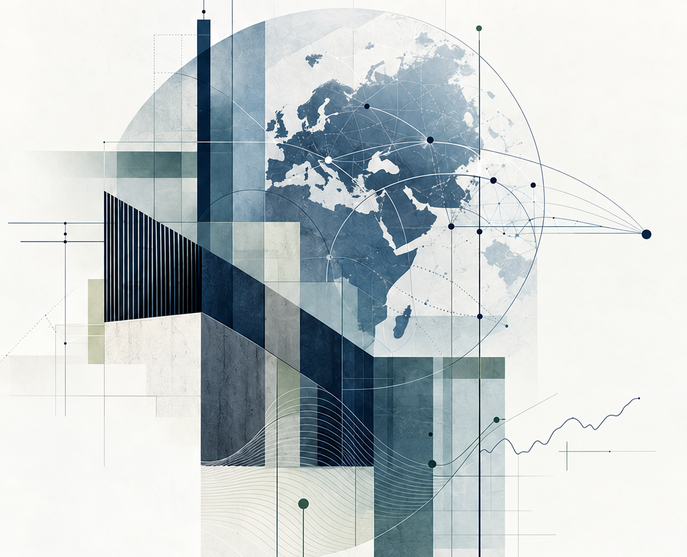 Layered global map, risk curves and architectural abstract collage